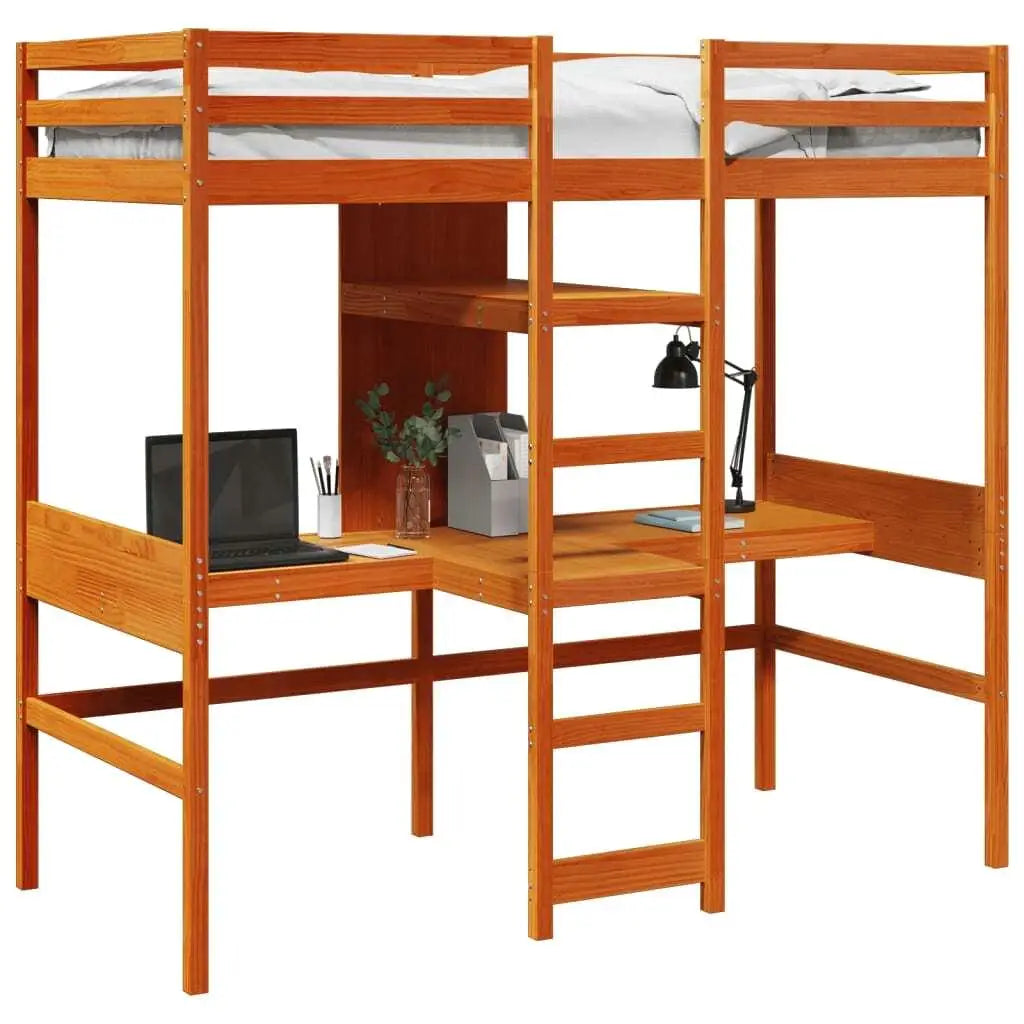 75x190cm Solid Wood Loft Bed Frame in Wax Brown - No Mattress Included, Durable Pine Design
