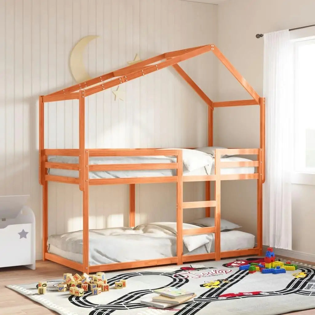 75x190 cm Solid Wood Pine Bunk Bed in Wax Brown - Small Single, No Mattress Included