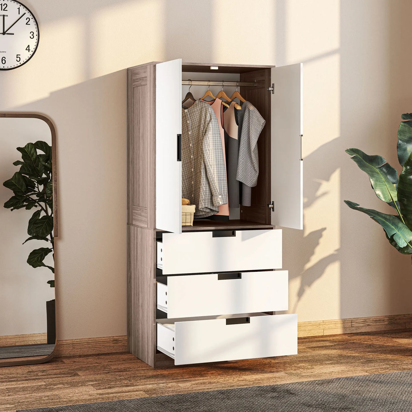 2 Door Wardrobe Brown Wardrobe with 3 Drawer and Hanging Rod Brown