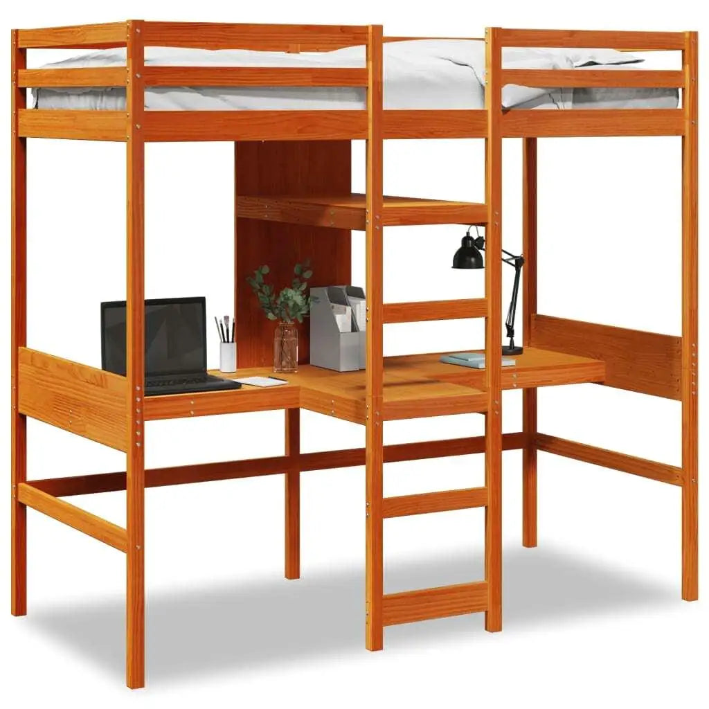 75x190cm Solid Wood Loft Bed Frame in Wax Brown - No Mattress Included, Durable Pine Design